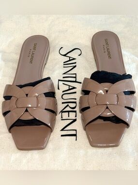 Saint Laurent Tribute Patent Leather Flat Sandals Nude Pink EU 39
